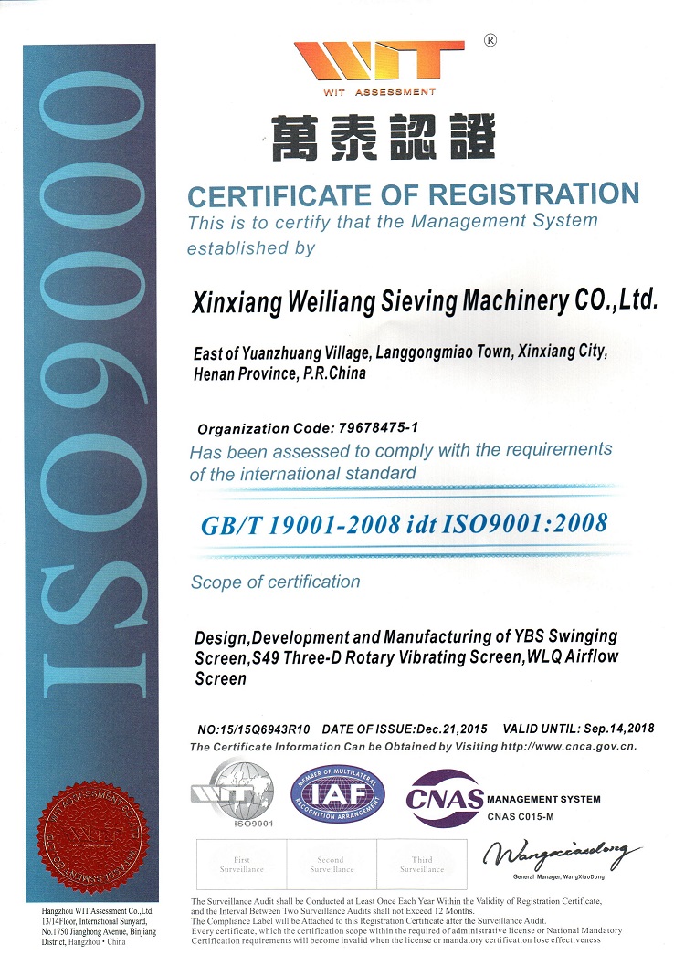 certificates - xinxiang weiliang sieving machinery Co.,Ltd