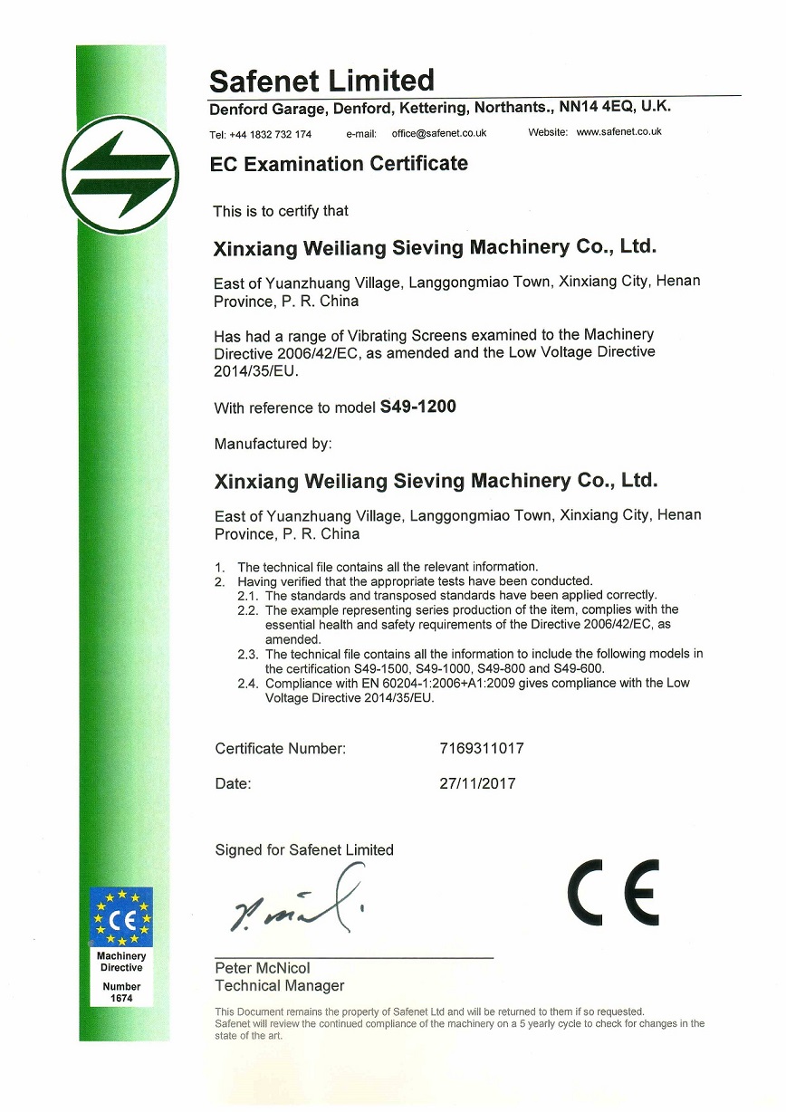 certificates - xinxiang weiliang sieving machinery Co.,Ltd