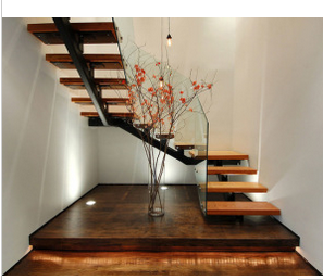 U Shape Stairs with Side Steel Stringer Wood Step and Glass Railing