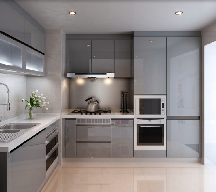 Grey Lacquer Handle-Less Design Polyurethane Kitchen Furniture