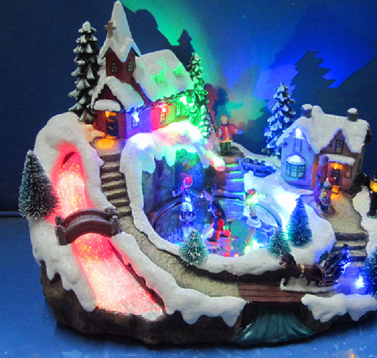 Christmas Decoration Resin 11′′led Village Scene with Moving Skating and Fiber Optic River, with Songs