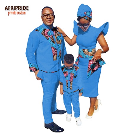 2019 african print family clothes AFRIPRIDE men's suit+mid-calf length women dress with headscarf+boys' suit family set A18F001